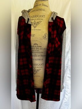 Stella Tweed Women’s Mixed Media Button Up Hoodie in Red/Black Plaid Sz 3X